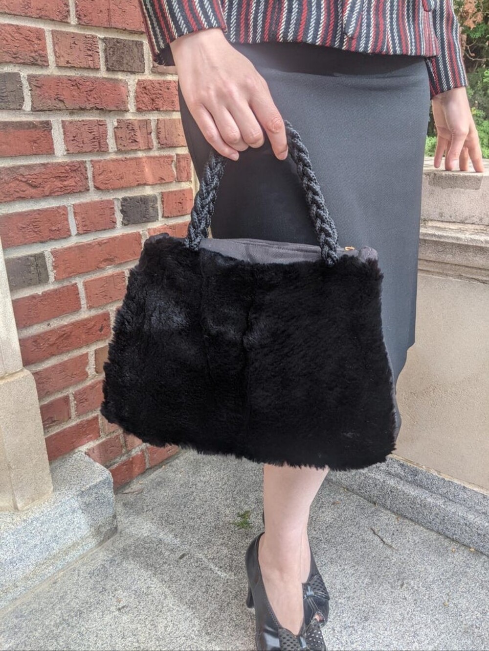 Vintage 1940s Black Fur Muff Purse